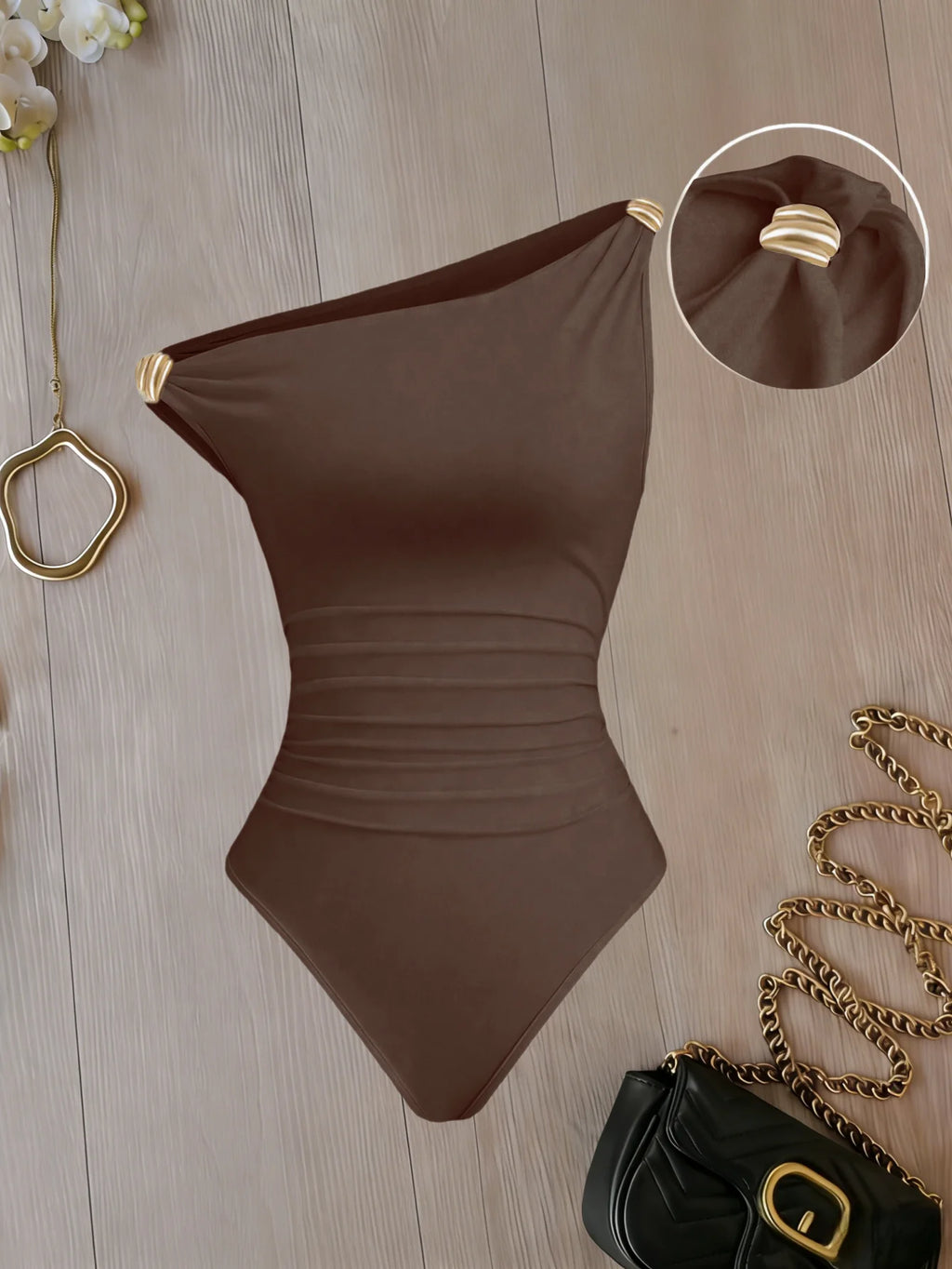 Women One Shoulder Ruched Bodysuit Gold Buckle Decor Sleeveless Form Fitting Jumpsuit