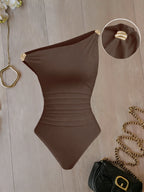 Women One Shoulder Ruched Bodysuit Gold Buckle Decor Sleeveless Form Fitting Jumpsuit