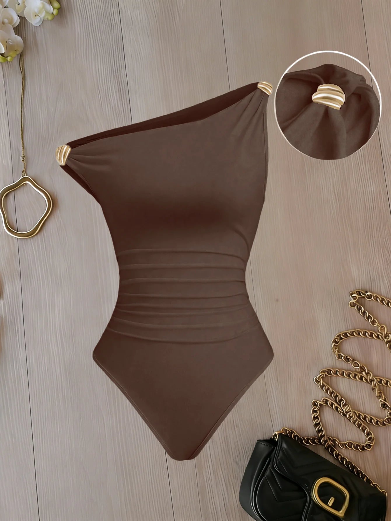 Women One Shoulder Ruched Bodysuit Gold Buckle Decor Sleeveless Form Fitting Jumpsuit