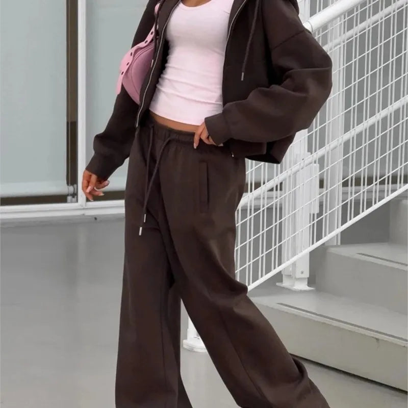 Women's Fashion Street Sports Style Two-Piece Set Casual Solid Color Zipper Cardigan Hooded Sweatshirt Loose Widefoot Pants Set