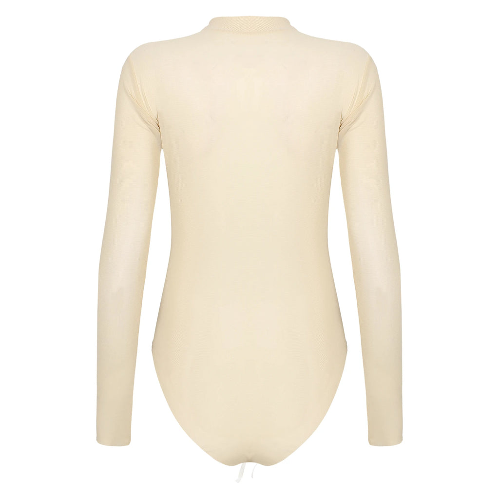 Womens Girls Fashion See-through Long Sleeve Bodysuit Lingerie Nightwear Crew Neck High Cut Leotard for Dating Nightclub Teddies