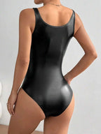 Edgy Black Faux Leather Bodysuit | Sexy Square Neck Tank Top for Club & Streetwear