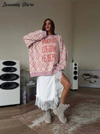 Fashion Letter Jacquard Knit Pullover Women Oversize Long Sleeve O-neck Classic Sweater 2026 Spring New Lady Casual Outerwear