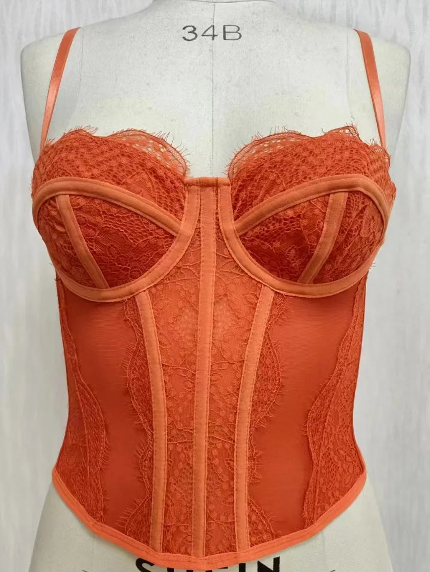Sexy Lace Corset Tops Women Sheer Mesh Push Up Bra Female Partywear Crop Top Open Back Boned Tube Top Lingerie Bustier Plus Size