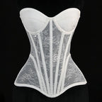 Women Mesh Corset Busiter Overbust Cups Push Breast Floral Lace Bodice Tansparent Strapless Crop Tops Lace Up Steel Boned Corset
