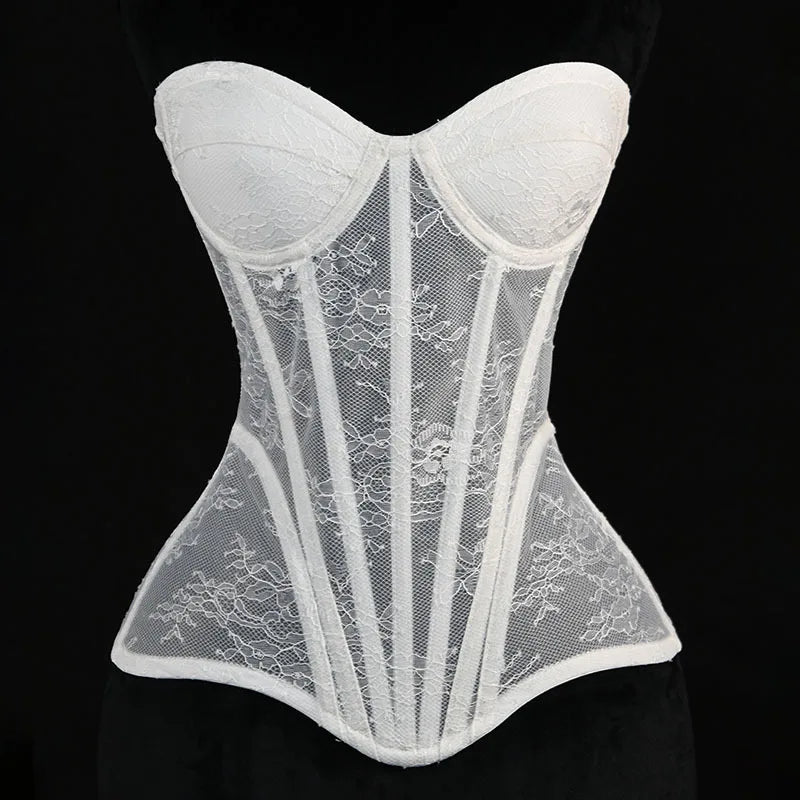 Women Mesh Corset Busiter Overbust Cups Push Breast Floral Lace Bodice Tansparent Strapless Crop Tops Lace Up Steel Boned Corset