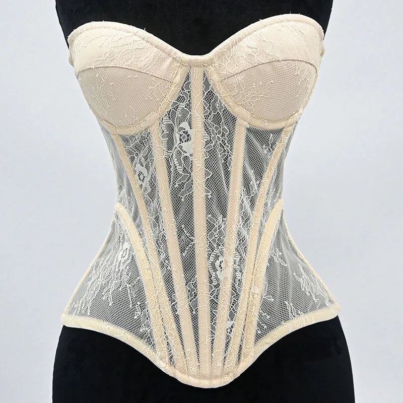 Women Mesh Corset Busiter Overbust Cups Push Breast Floral Lace Bodice Tansparent Strapless Crop Tops Lace Up Steel Boned Corset