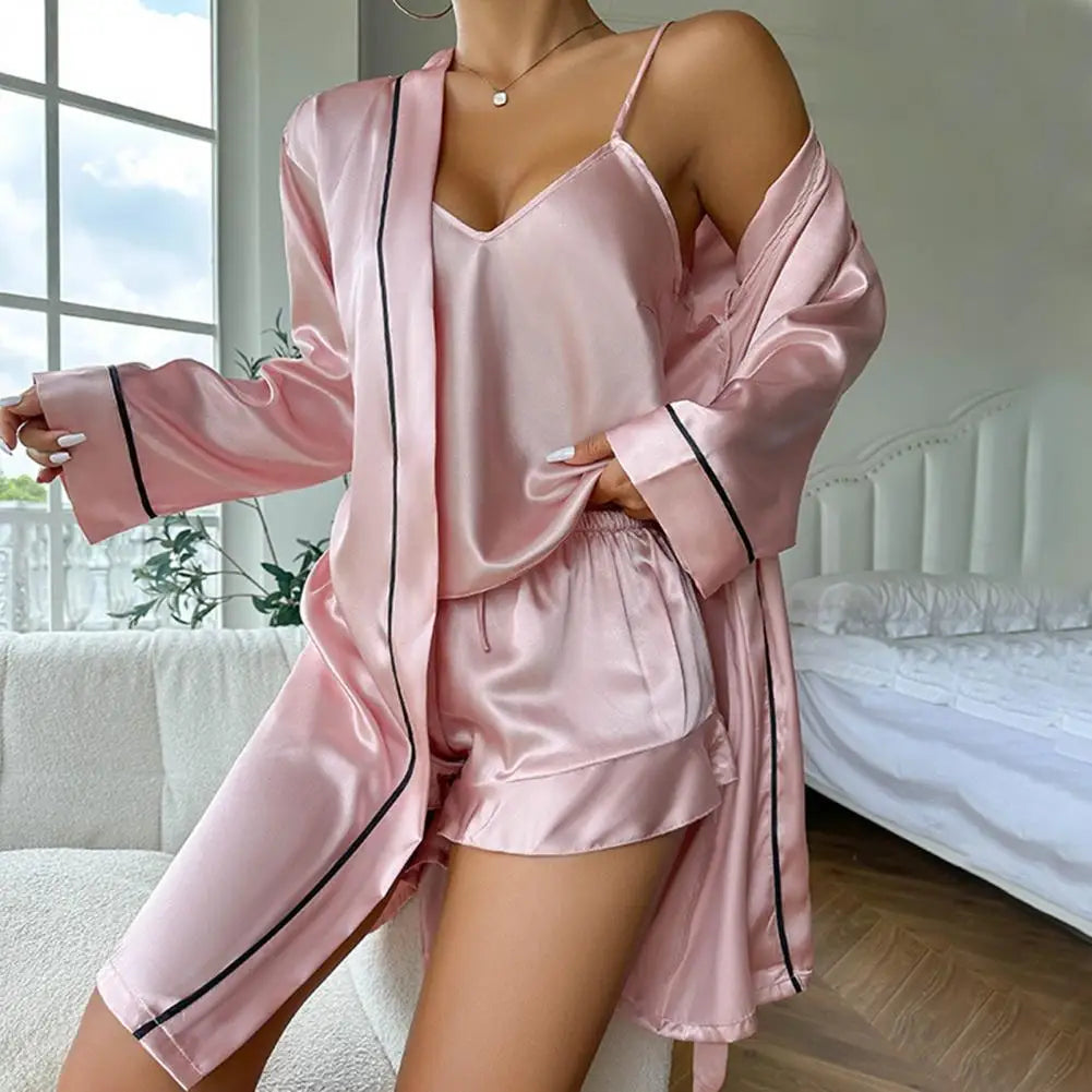 Delicate Touch Pajamas Women's 3 Piece Satin Pajama Set Sexy Cami Top Shorts Lightweight Robe Sleepwear Summer Casual Loungewear