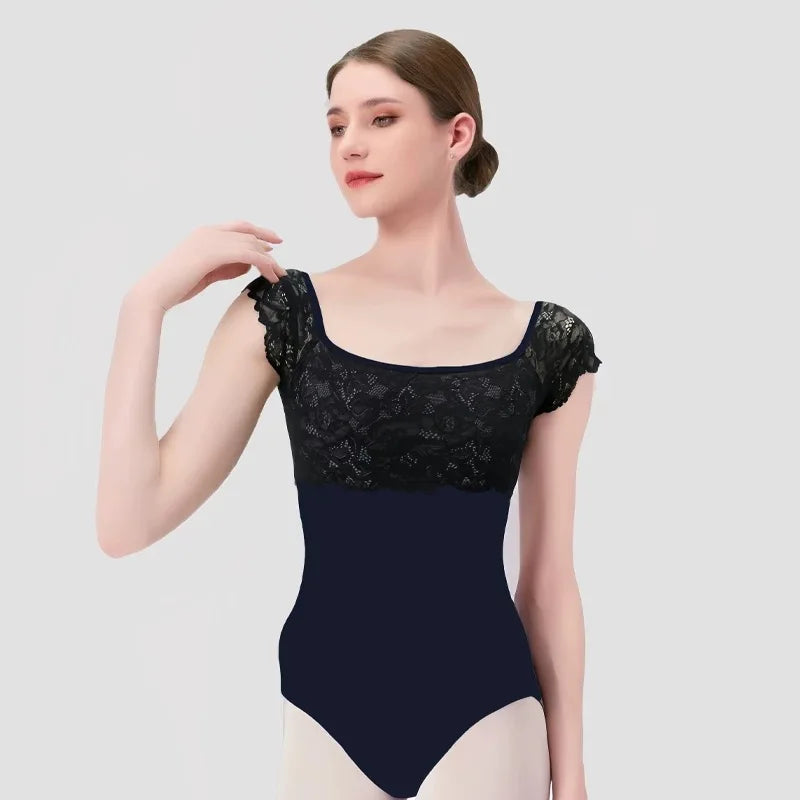 Ballet Leotards For Women Lace Adult Dance Gymnastics Leotard Square collar Back hollow out Dance Wear Short sleeve Bodysuit