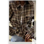 Fashion Baggy Plaid Women'S Blouse Elegant Lapel Long Sleeve Shirts And Blouses Vintage Pocket Lace-Up Top Female 2025