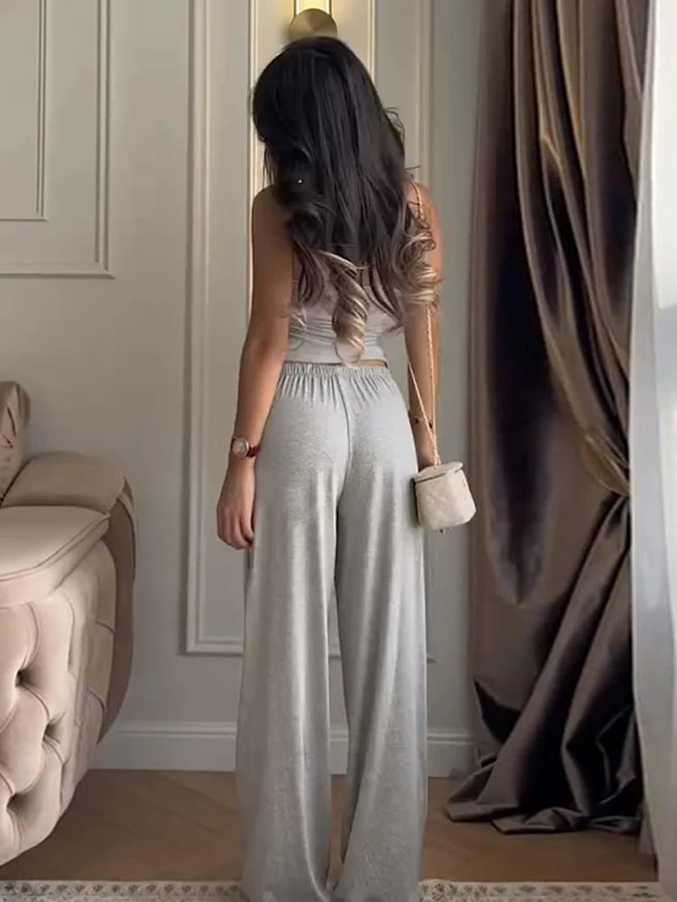 Halter Backless Two-Piece Set Fitted Bodice High Waist Wide Leg Pants 2026 Spring Fashion Elegant Office Casual Women Outfit