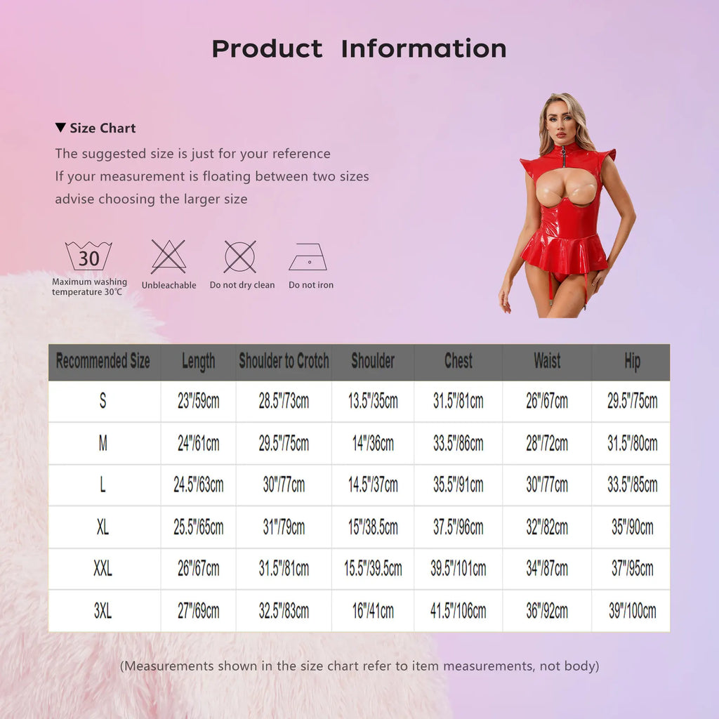 Women Lingerie PU Leather Tempting Bodysuit Breast Hollow Out Underwire Teddies Ruffled Hem Garters Jumpsuit Erotic Nightwear