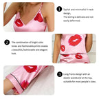Women's Satin Pajama Set with Lip Print V-Neck Cami Top and Elastic Pants For Women Pijama Comfortable Sleep and Loungwear