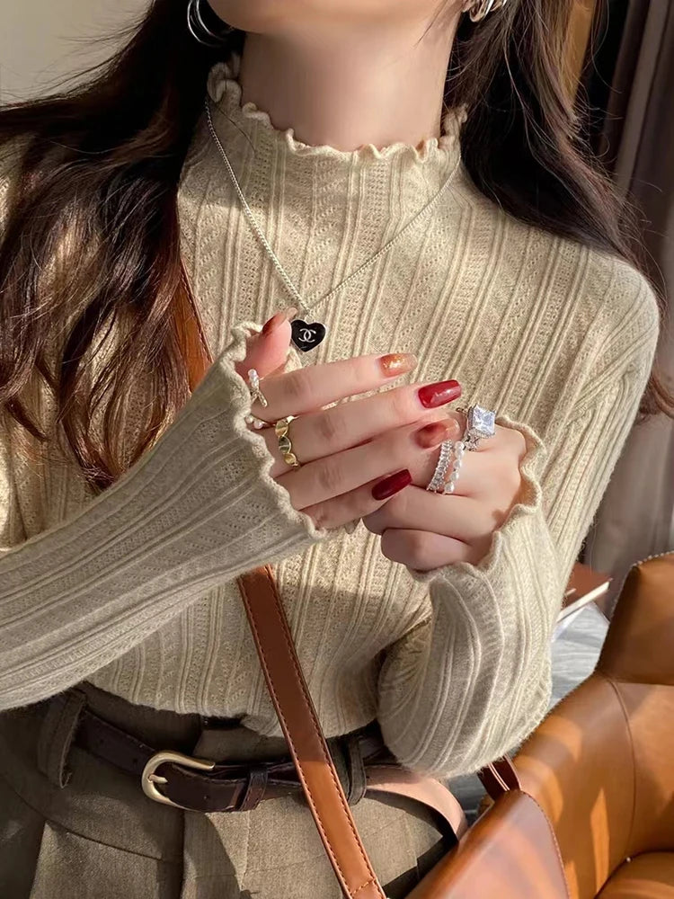 New Women's Autumn and Winter Solid Color Ruffled Semi-turtleneck Long-sleeved Knitted Sweater Casual Women's Knitted Pullovers