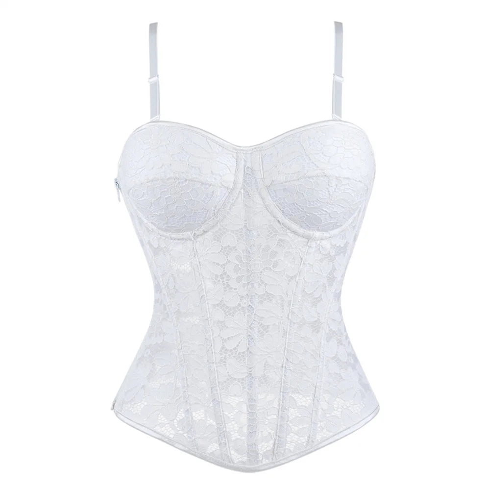 Women Lace Floral Corset Top Sexy Black Mesh Transparent Bra Side Zip Bustier Vest Gothic Spaghetti Strap Embroidery Party Camis