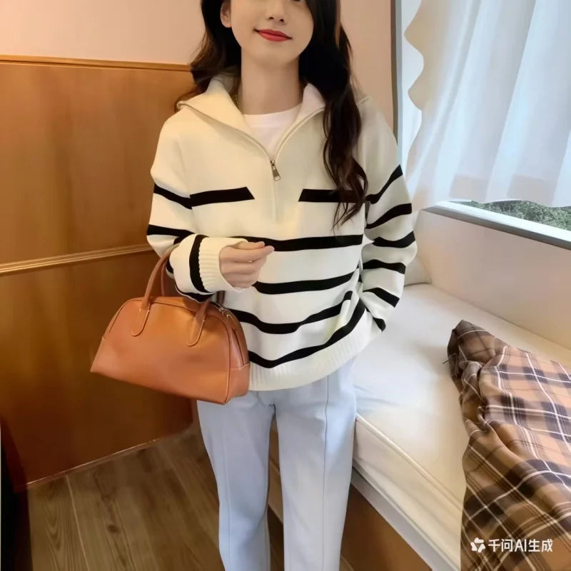 Sweater Pullover Women Spring and Autumn Underwear New Zipper Stripe Underlay Short Style Popular Premium Sweater Female
