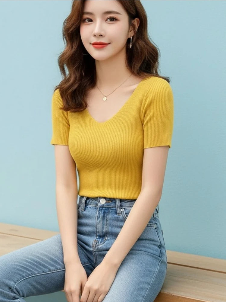 AOSSVIAO 2026 Summer Basic V-neck Solid Thin Women Pullover Female Knitted Ribbed Sweater Slim Short Sleeve Bodycon Sweater