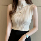 Solid Slim Thin Sleeveless Knitted Sweater 2023 Spring Summer Half High Neck Shirt for Women Elegant Casual Blouse Blusas 15662