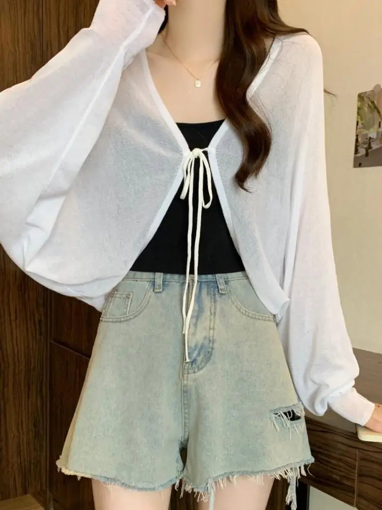 Thin Black Ice Silk Sun Protection Cardigan for Women Knitwear Summer Cover Up Large Size Lazy Sleeve Shawl Strap Outerwear Top