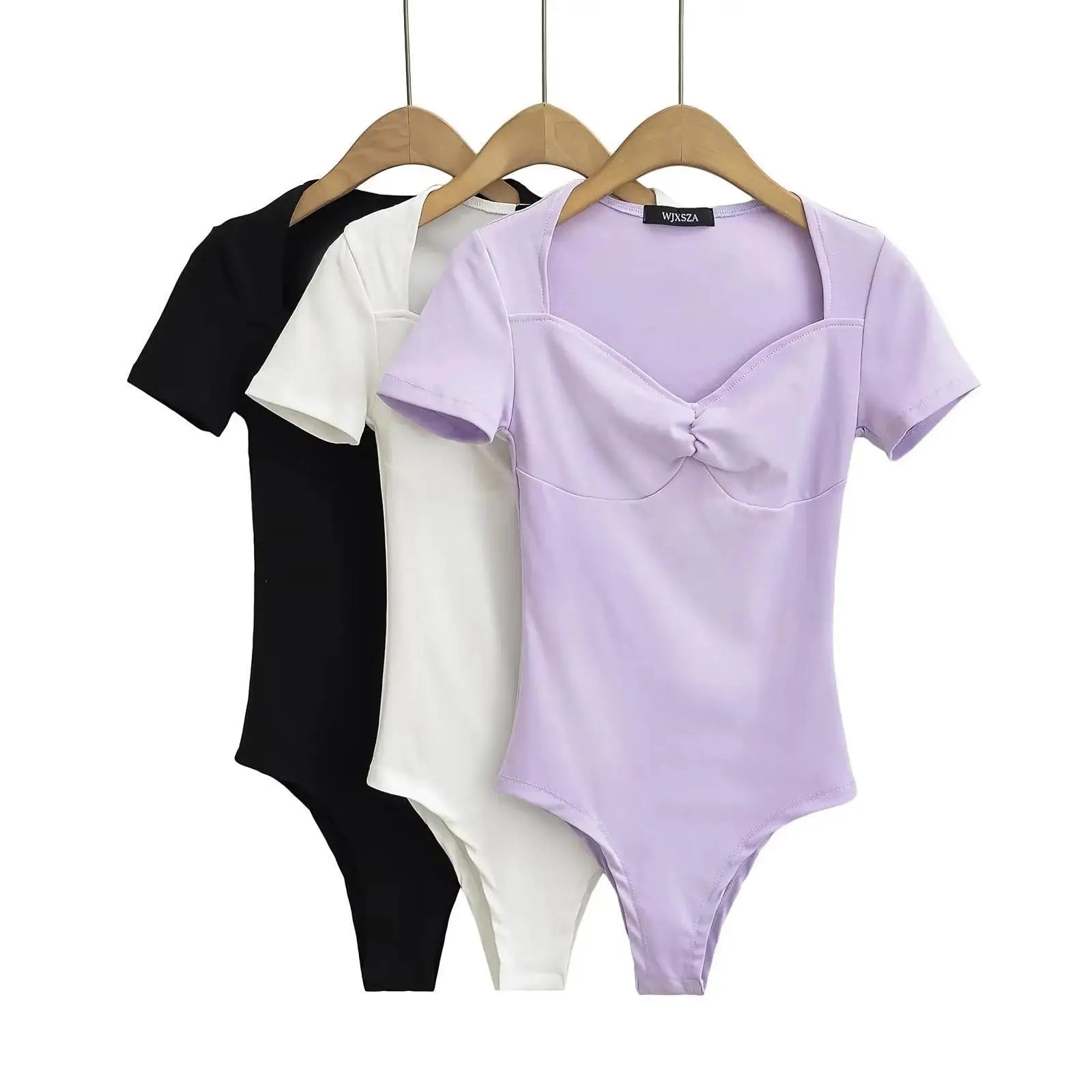 Summer Short Sleeve Square Collar Folds Bodysuits Women Elastic Slim Top Jumpsuits