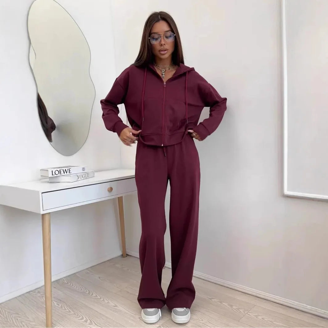 Women's Matching Sets Solid Color Sports Suit Long-sleeved Zipper Cardigan Hooded Sweater Lace-up Trousers Two-piece Set