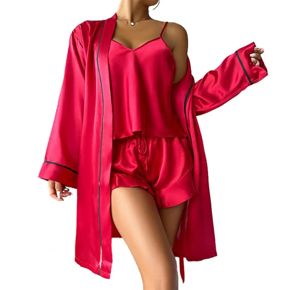 Delicate Touch Pajamas Women's 3 Piece Satin Pajama Set Sexy Cami Top Shorts Lightweight Robe Sleepwear Summer Casual Loungewear
