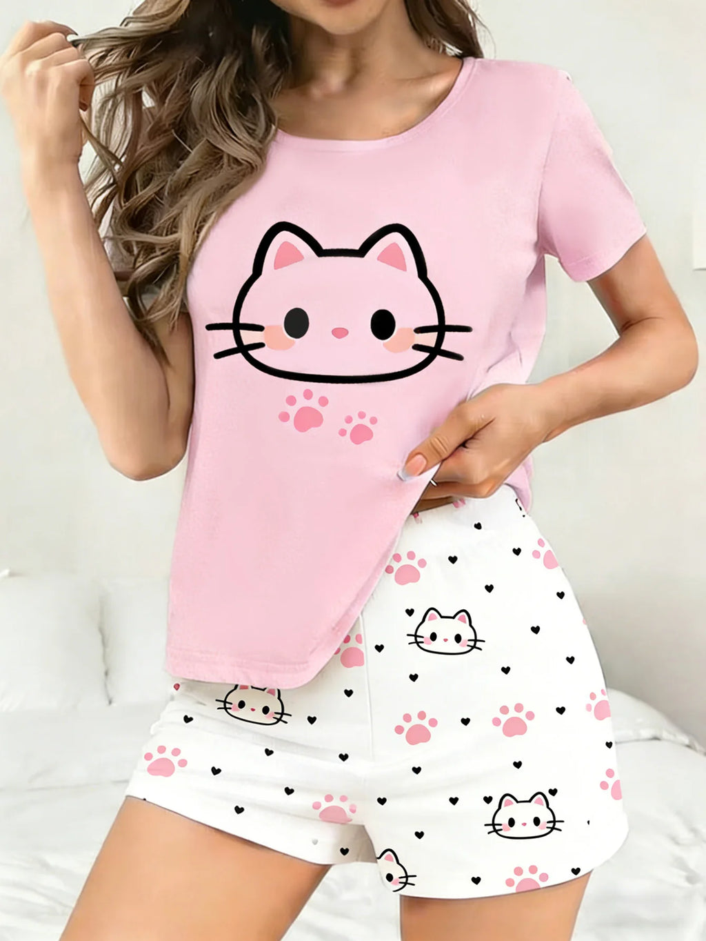 Women's Summer Short-Sleeve & Shorts Pajama Set with Cat Digital Print - Skin-Friendly & Machine Washable