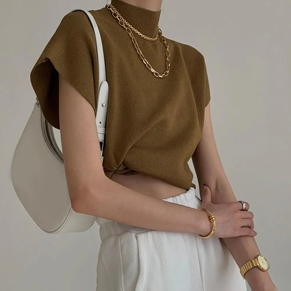 Fashion Vest Shirt Solid Stand-up Collar Knitted Women's Sweater Short Sleeve Office Lady Blouse Elegant All-Match Straight Tops