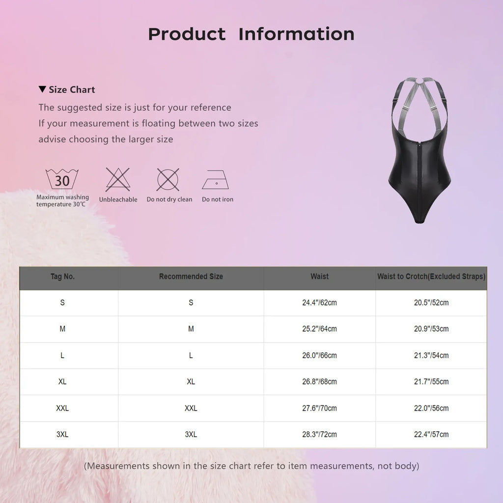 Womens Lingerie Latex Bodysuit Deep Low Neckline Front Zip-up Buttoned Crotch X-back Teddies Costume Matte PU Leather Nightwear