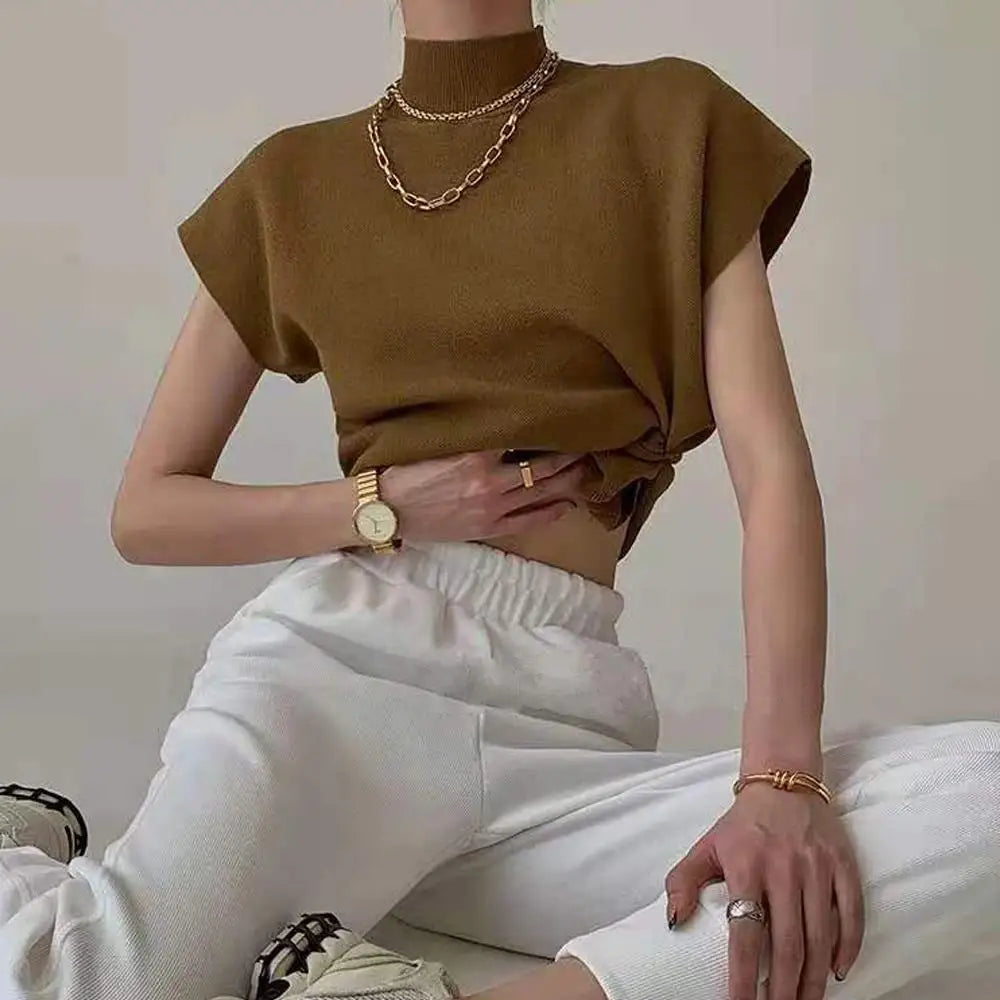 Fashion Vest Shirt Solid Stand-up Collar Knitted Women's Sweater Short Sleeve Office Lady Blouse Elegant All-Match Straight Tops