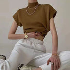 Fashion Vest Shirt Solid Stand-up Collar Knitted Women's Sweater Short Sleeve Office Lady Blouse Elegant All-Match Straight Tops
