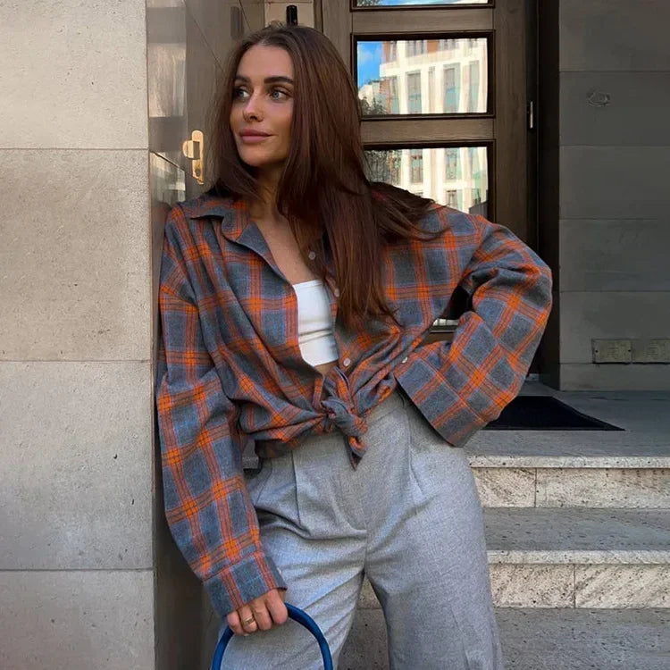 Fashion Baggy Plaid Women'S Blouse Elegant Lapel Long Sleeve Shirts And Blouses Vintage Pocket Lace-Up Top Female 2025
