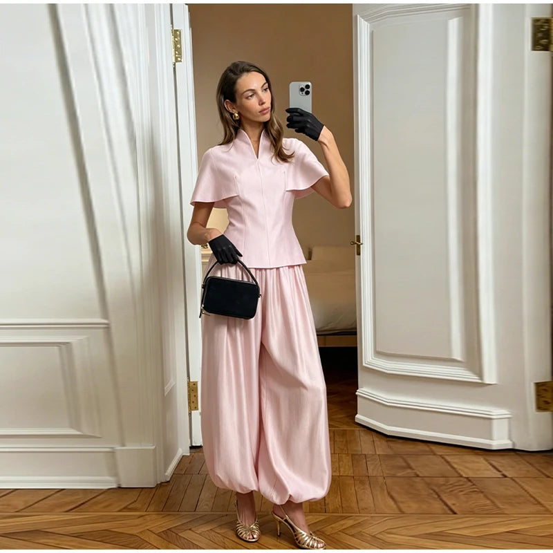 Fashion V-Neck Top Lantern Pants Set Women's Solid Short Sleeve Tops Loose Wide Leg Trousers 2026 Summer Lady Casual Outfit