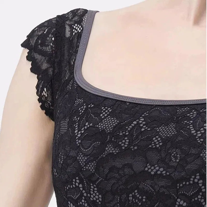 Ballet Leotards For Women Lace Adult Dance Gymnastics Leotard Square collar Back hollow out Dance Wear Short sleeve Bodysuit