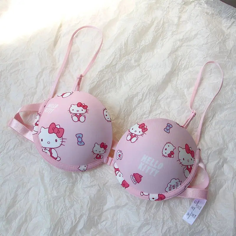 Japanese Hello Kitty Front Closure Push Up Bra Set for Women, Cute Kawaii Underwire Lingerie Set with Panty Y2K Women's Bra Set