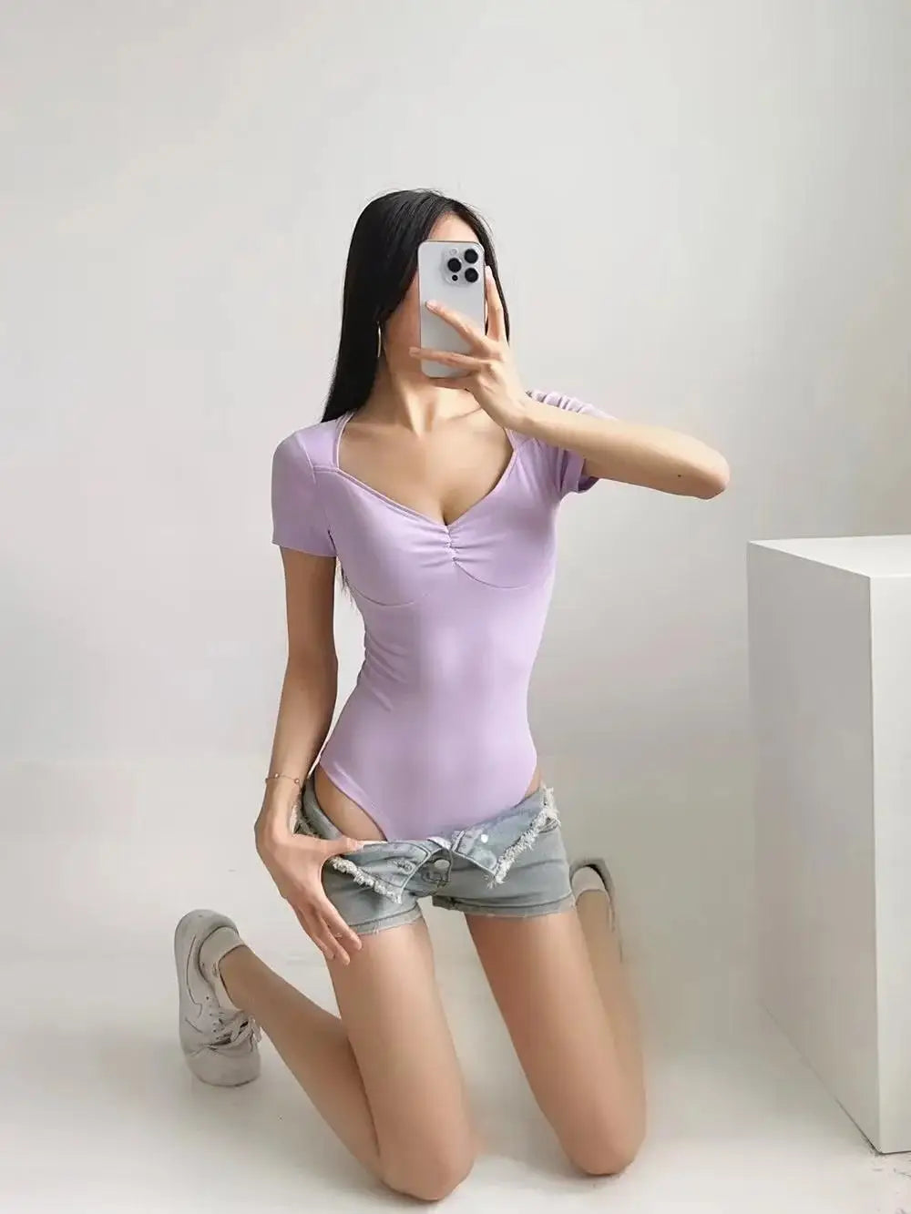 Summer Short Sleeve Square Collar Folds Bodysuits Women Elastic Slim Top Jumpsuits