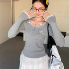 Grey Sweet Gentle Style Long Sleeve Lace Trim Lady Slim Fit Grey Top Korean Style Spring Summer 2026 New Women's T-shirt