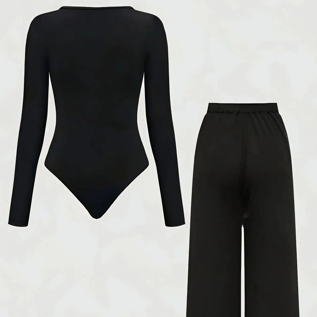 Plus Size Women's Black Ribbed Long Sleeve Bodysuit + Wide Leg Pants 2-Piece Set (0XL-4XL)