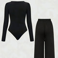 Plus Size Women's Black Ribbed Long Sleeve Bodysuit + Wide Leg Pants 2-Piece Set (0XL-4XL)