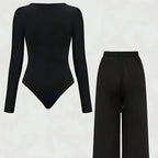 Plus Size Women's Black Ribbed Long Sleeve Bodysuit + Wide Leg Pants 2-Piece Set (0XL-4XL)