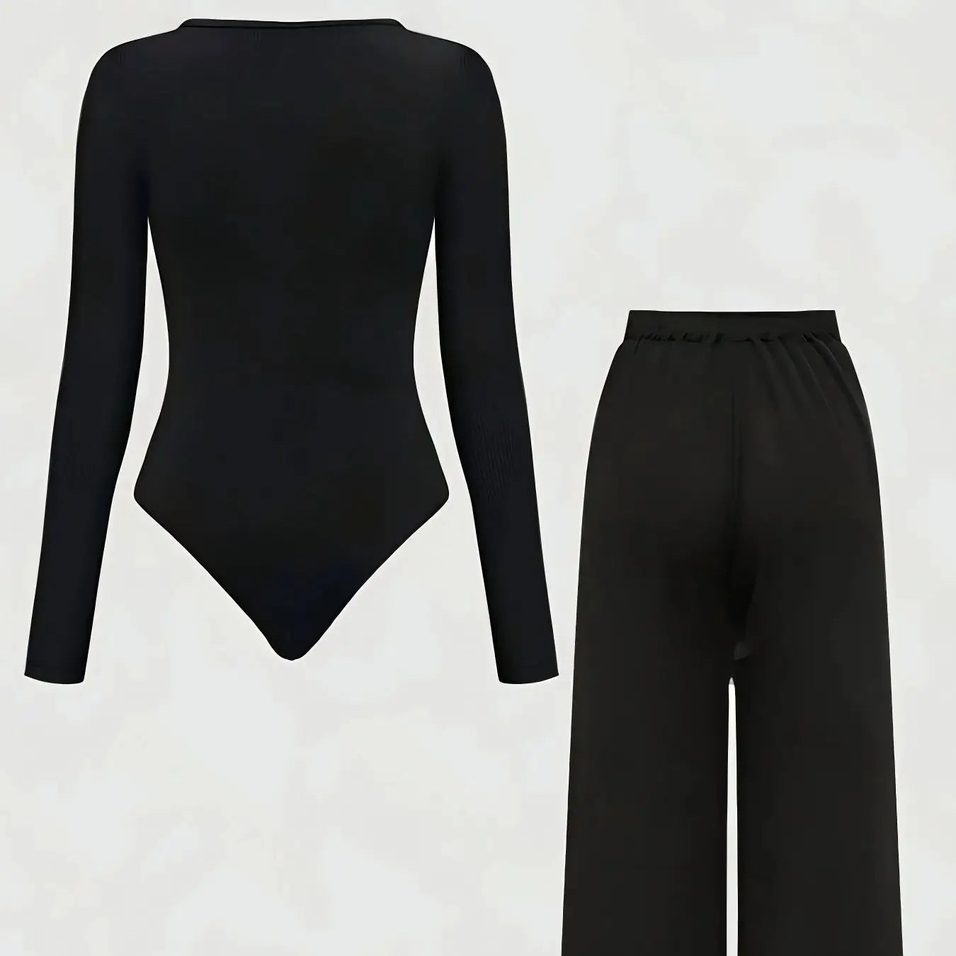 Plus Size Women's Black Ribbed Long Sleeve Bodysuit + Wide Leg Pants 2-Piece Set (0XL-4XL)
