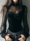 French Style Black Shirts Elegant Lace Patchwork Velvet Women Blouses Early Spring New Slimming Long Sleeve Top
