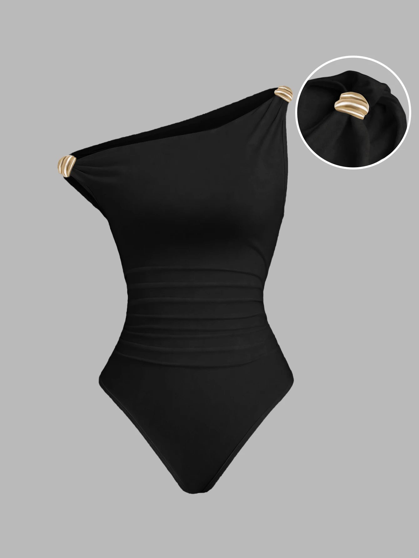 Women One Shoulder Ruched Bodysuit Gold Buckle Decor Sleeveless Form Fitting Jumpsuit