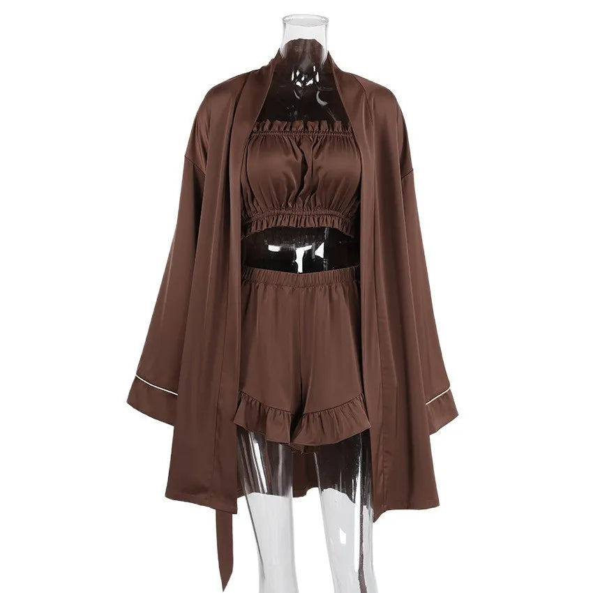 Elegant Brown Satin 3 Piece Short Set Fashion Crop Top Vest Long Sleeve Robe With Wide Leg Shorts Home Ruffles Pajama