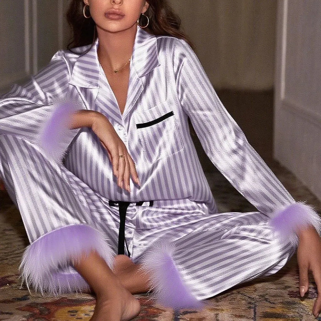 Luxurious Women's Pyjamas With Fur Striped Silky Satin Long Sleeve Pajama Set Lapel Top & Long Pants Sleepwear & Loungewear