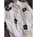 Turn-down Neck Flower Stripe Long Sleeved Loose Shirt And Blouse New In Clothing Top Casual Single Breasted Office Lady White