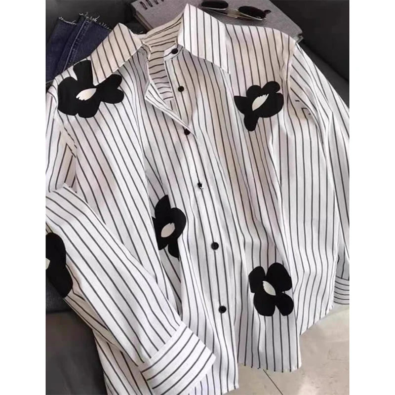 Turn-down Neck Flower Stripe Long Sleeved Loose Shirt And Blouse New In Clothing Top Casual Single Breasted Office Lady White