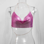 Sexy Metal Metallic Crop Top Women Beach Halter Corset Tops Glitter Backless Party Club Tank Top Clothes Top Camisole Croppe