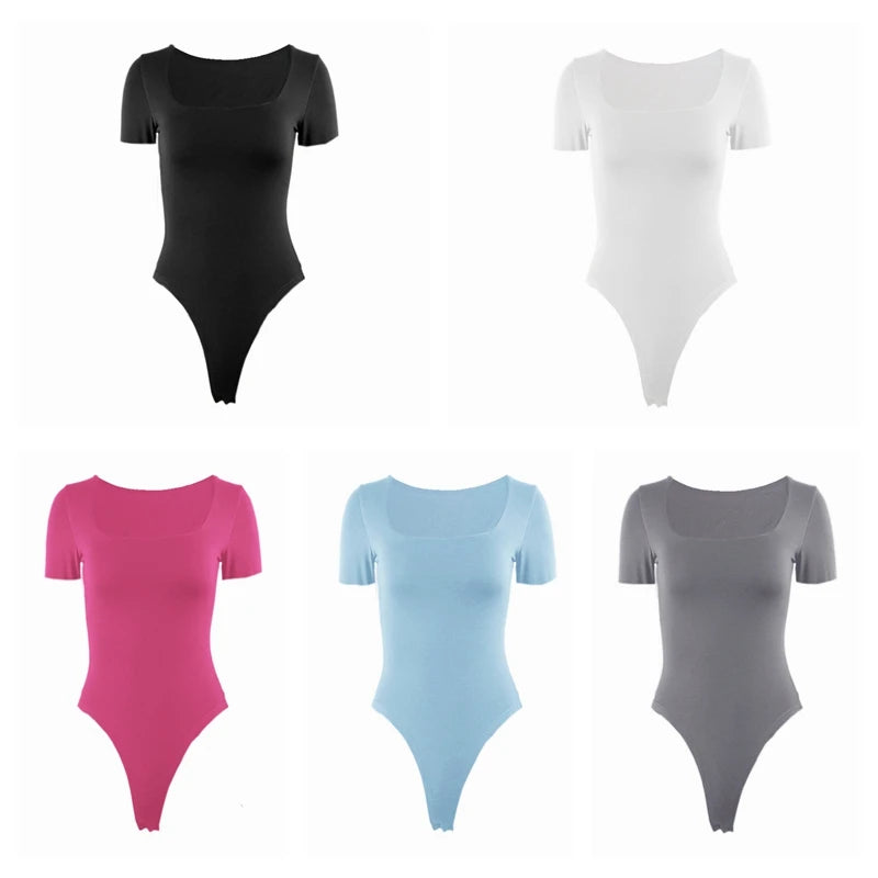 Short Sleeve Bodysuits Summer Square-Cut Collar Solid Bodycon Elastic Romper Sexy Y2k Women Clothing Fashion Club Party 2521