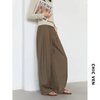 CHIC VEN Women Pants Solid Loose Casual Wide Leg Pant Drawstring Pleated Female Suit Trousers Office Ladies Sping Autumn 2025
